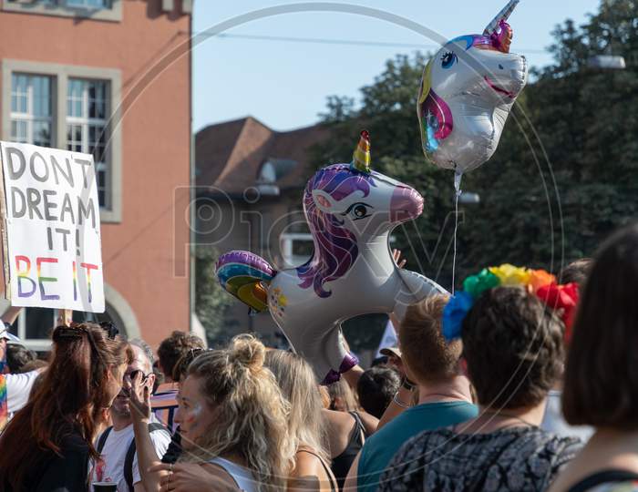 Zurich, Switzerland, September 4, 2021 Unicorn Balloon At A Demonstration In The City Center