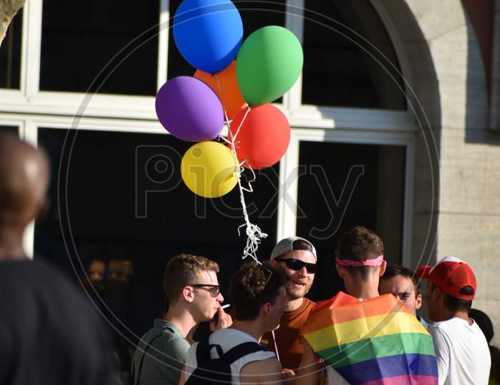 Zurich, Switzerland, September 4, 2021 Balloons At The Gay Pride Day In The City Center