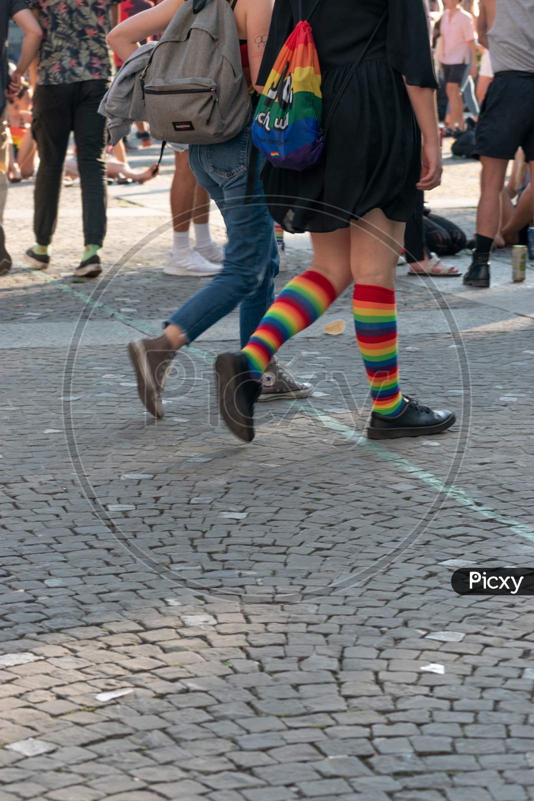 Zurich, Switzerland, September 4, 2021 Rainbow Colored Socks At A Demonstration In The City Center