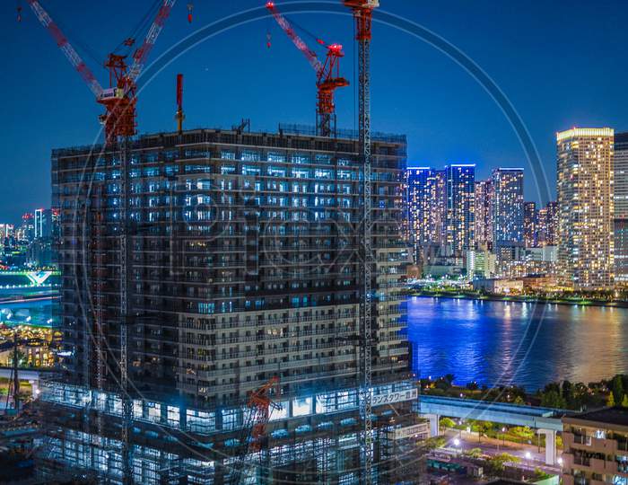 Apartment And Night View Of Under Construction (Toyosu)