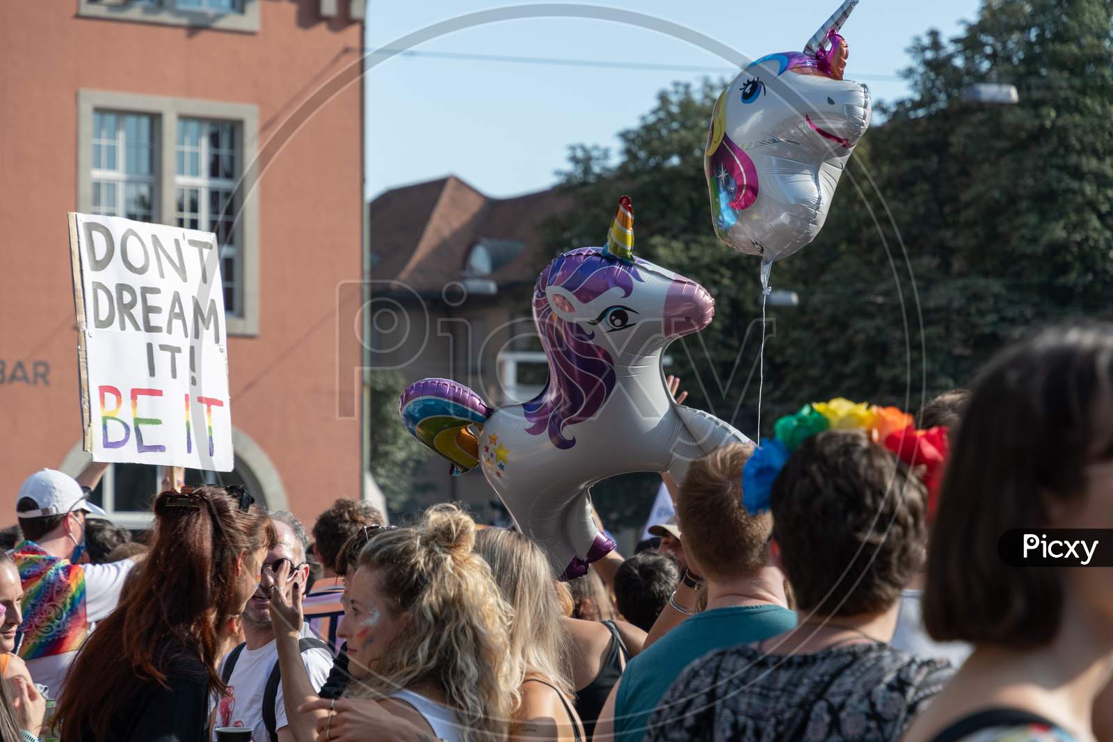 Zurich, Switzerland, September 4, 2021 Unicorn Balloon At A Demonstration In The City Center