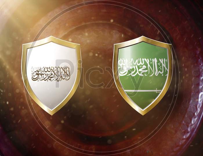 Taliban And Saudi Arabia Flag In Golden Shield On Copper Texture Background.