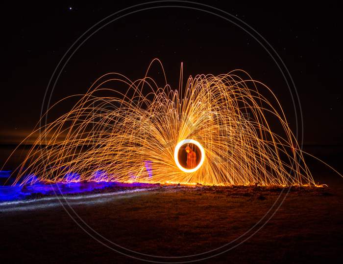Light-Painting Photography With Fired Steel Wool. Incandescent Steel Sparks In Long Exposure.