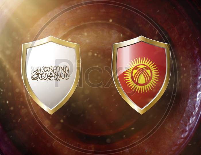Taliban And Kyrgyzstan Flag In Golden Shield On Copper Texture Background.