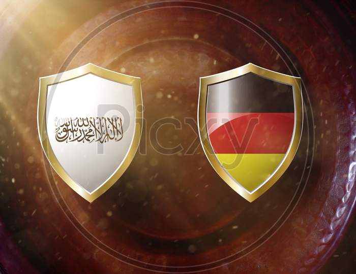 Taliban And Germany Flag In Golden Shield On Copper Texture Background.