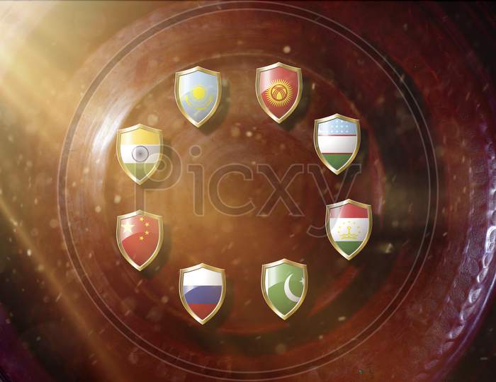 Shanghai Cooperation Organization (Sco) Countries Flags In Golden Shield On Copper Texture Background.