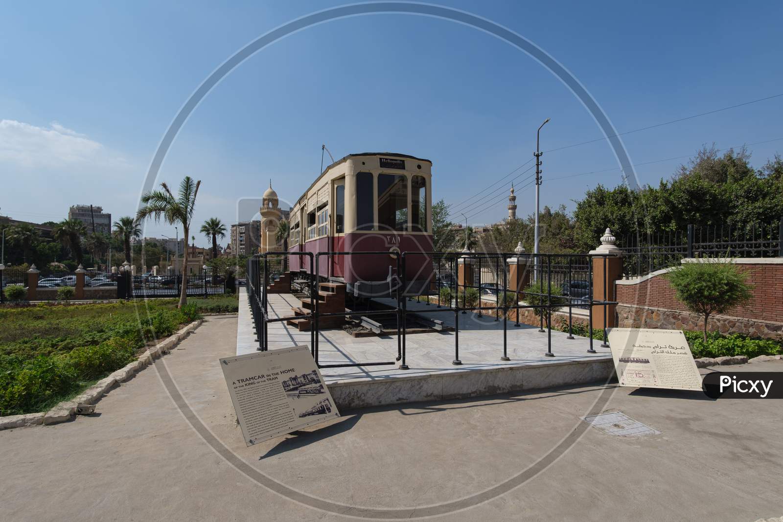 An old renovated tramcar from the former Heliopolis tramway started in 1910 in Cairo , Egypt