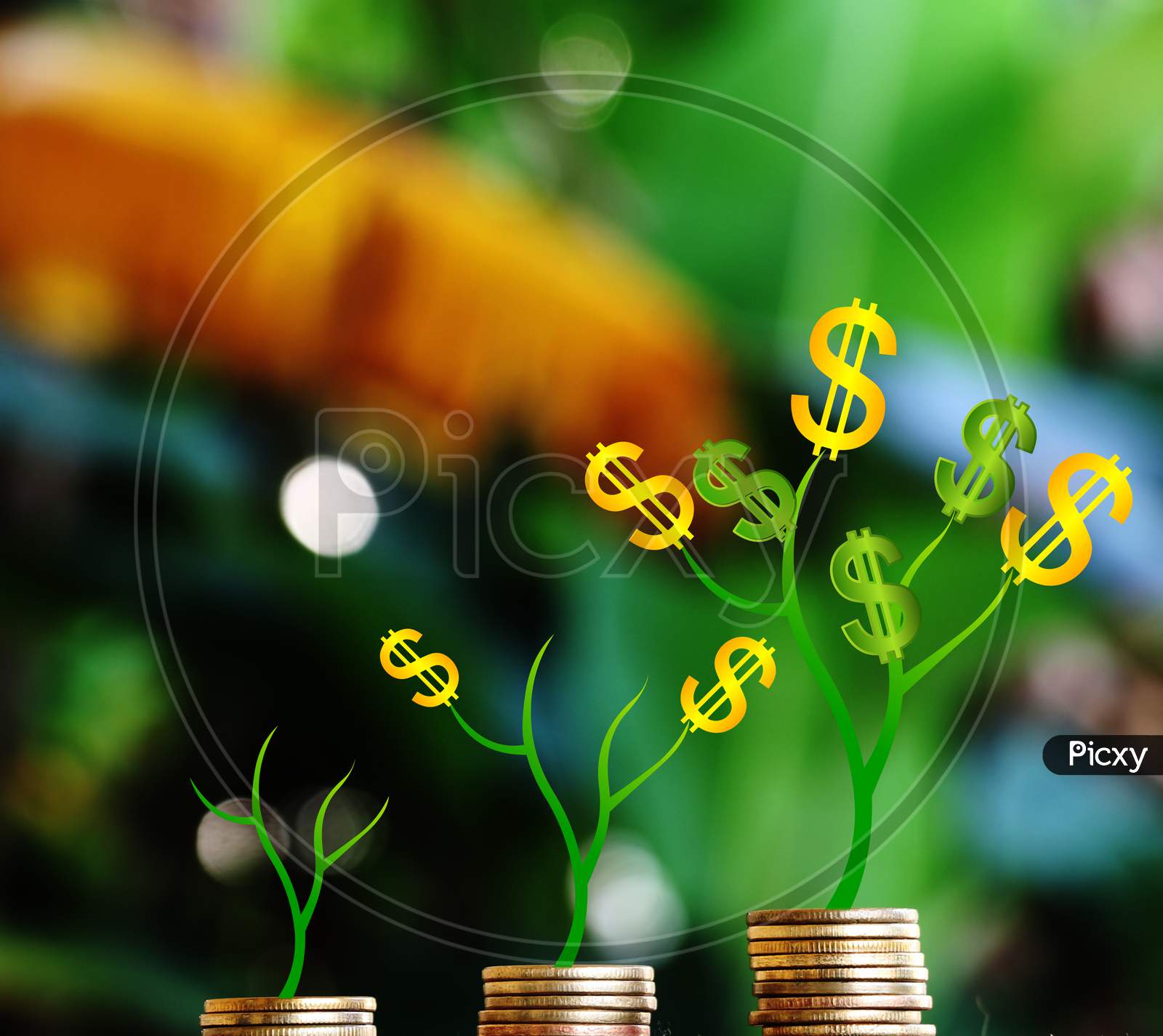 Plant Grow On Money Stacks In An Environment. Money-Saving And Sustainable Business Investment Idea