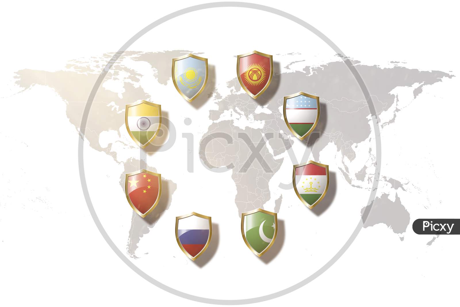 Shanghai Cooperation Organization (Sco) Countries Flags In Golden Shield On World Map Background.