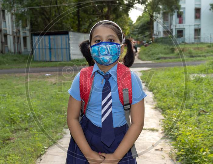 School Girl Child In Nose Mask Protection