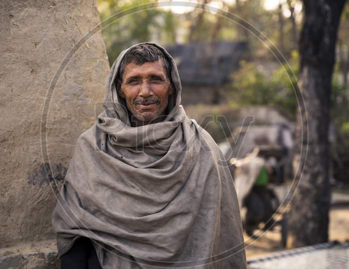 Moradabad, Uttar Pradesh- January 12 2022- Portrait Of A Common Man Of India. Indian Ordinary Old Man From Villages Of India.