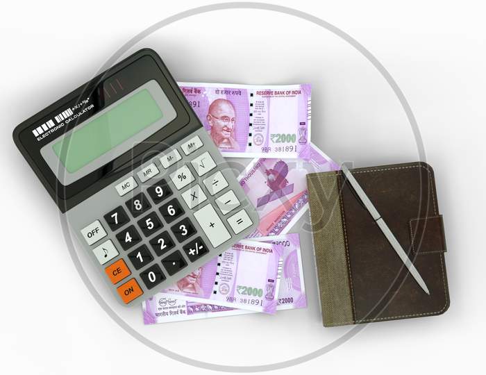 3D rendering of an isolated composition of 2000 Indian rupee notes, a calculator, a note book and a pen