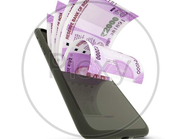 3D rendering of Indian rupee notes inside a mobile phone