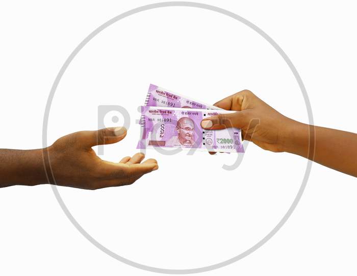 Hand giving 3D rendered Indian rupee notes to another hand. Hand receiving money