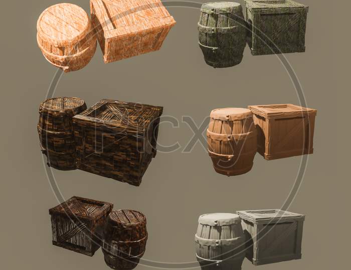 3D Set Of Wooden Box And Cylinder With Different Textures Render From Different Angles For Vfx, Animation Movie And Video Games