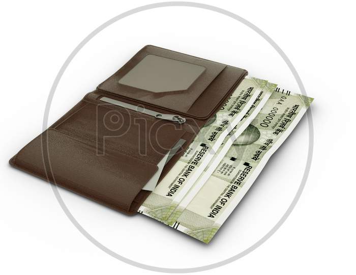 3D rendering of 500 Indian Rupee notes in wallet