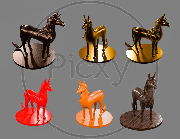 Set Of 3D Horse With Different Material Render From Different Angles For Vfx, Animation Movie And Video Game Projects