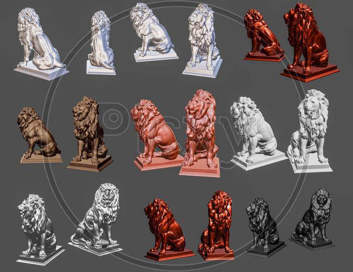 3D Set Of Lion Model With Different Texture Render From Different Sides For Vfx, Animation Video And Video Game Projects