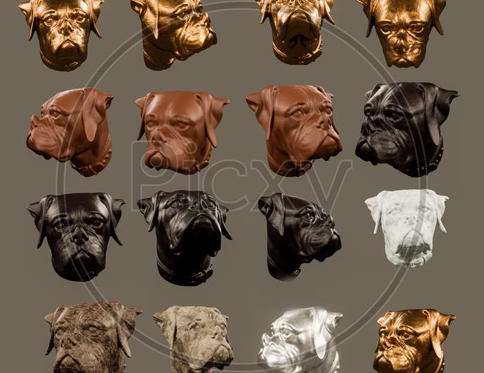 Set Of 3D Dog Face Model With Different Texture Render From Different Angles For Vfx, Animation Movie And Video Game Projects