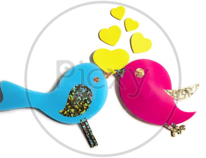 Happy Cute Couple Birds With Hearts In The Air, Valentine Concept,