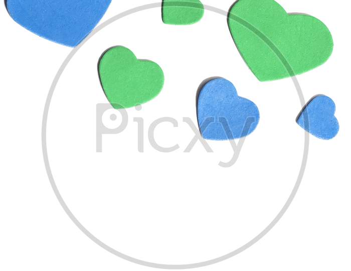 Valentine'S Day. Isolated Multi-Colored Hearts On A White Background, Top View, Copy Space