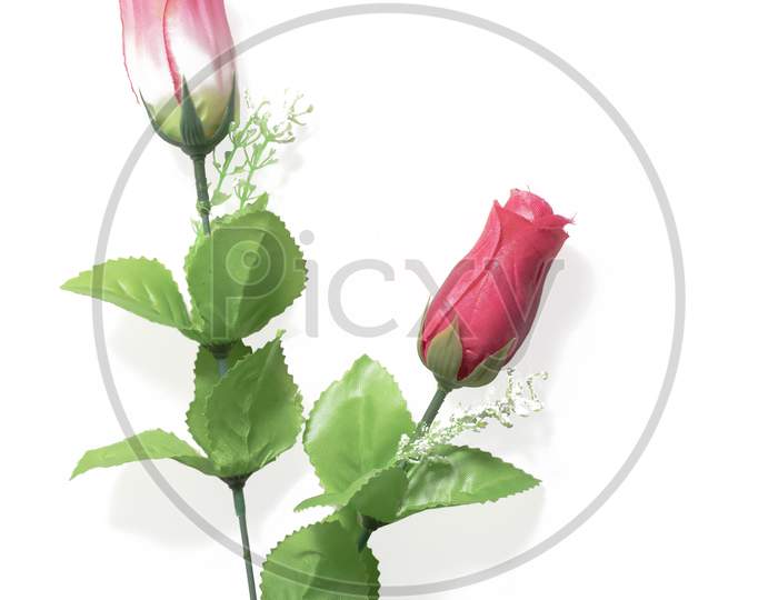 Red And Pink Plastic Roses On White Background.