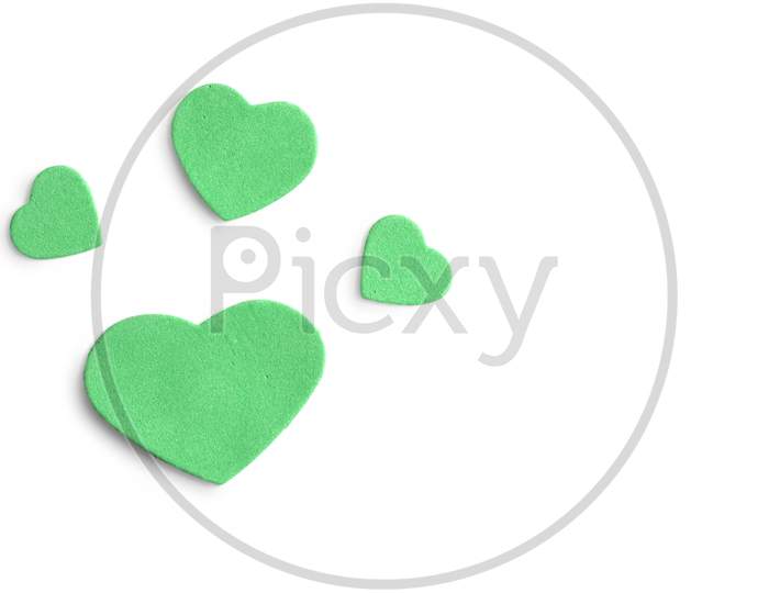 Valentine'S Day. Isolated Green Hearts On A White Background, Top View, Copy Space