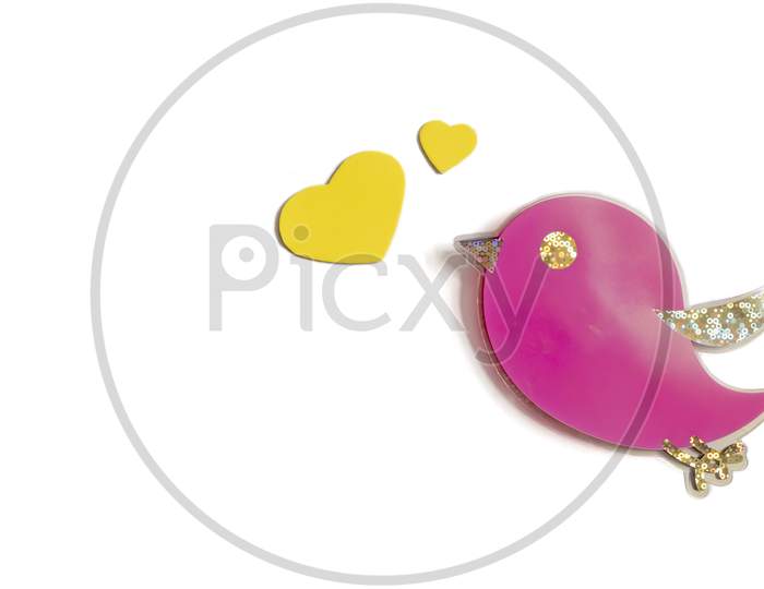 Beautiful Bird And Yellow Heart Isolated In White. Card For Valentine'S Day