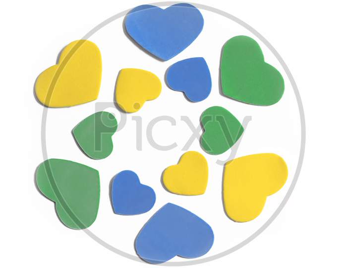 Valentine'S Day. Isolated Multi-Colored Hearts On A White Background, Top View, Copy Space