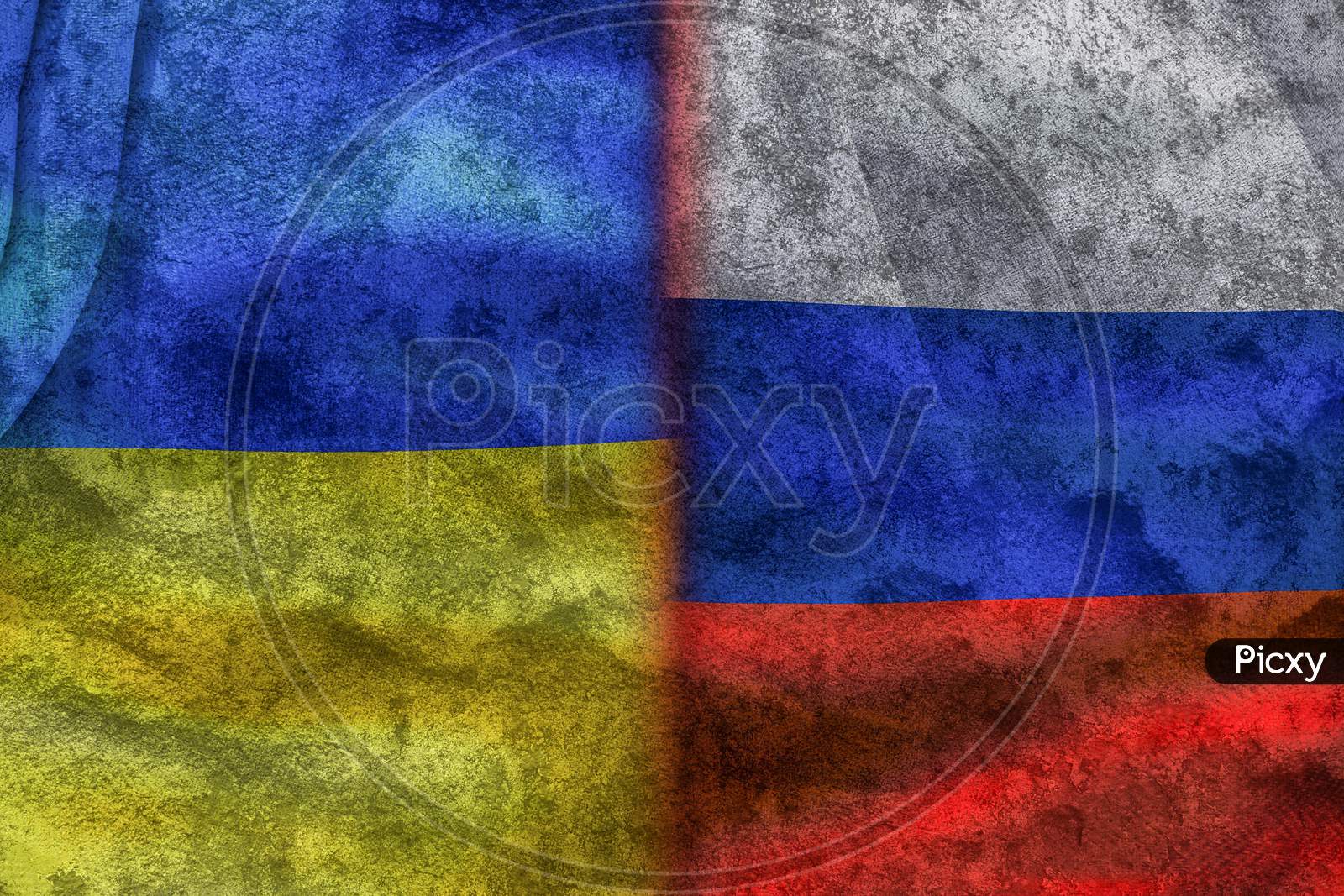 A Divided Flag Of Russia And Ukraine As A Symbol Of The Current Conflict.