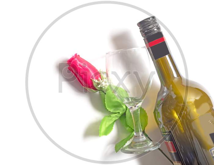 Valentine'S Day Background. Wine Bottle With Red Rose And Empty Glass On Isolated White Background. Top View, Copy Space