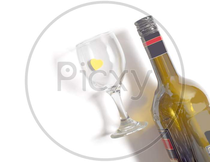 Champagne Bottle And Multi-Colored Hearts In A Glass, Isolated In White