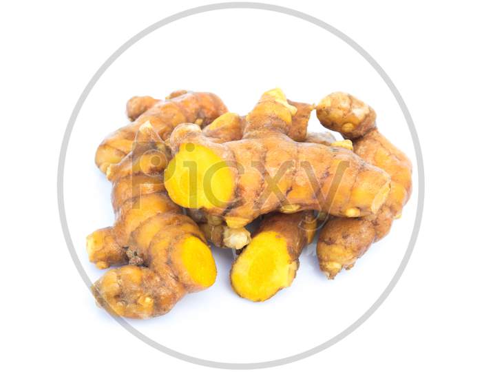 Turmeric Root On White Background, Medical Herb For Health Care