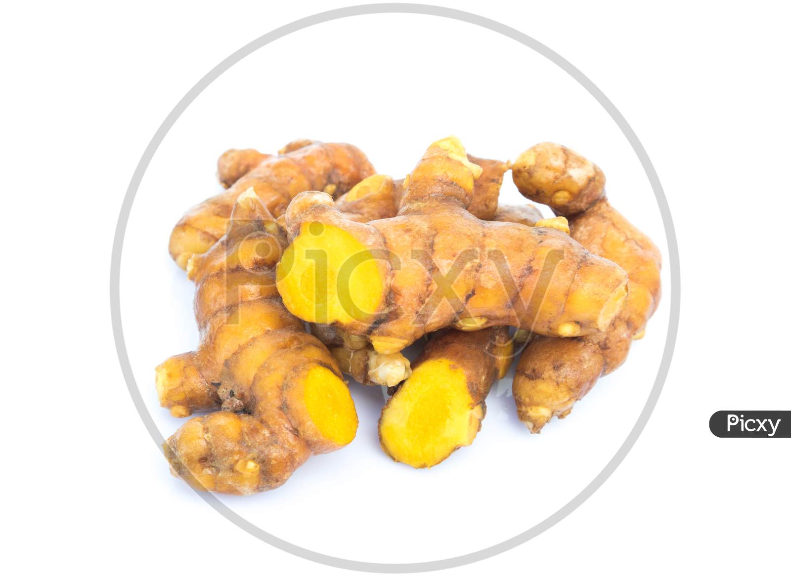 Turmeric Root On White Background, Medical Herb For Health Care