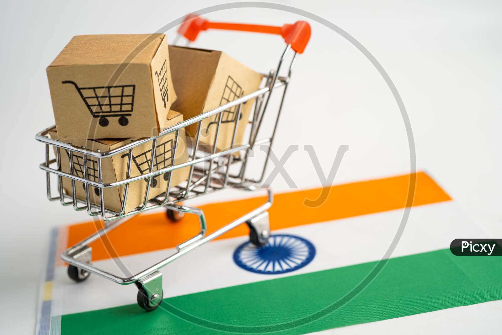 Box With Shopping Cart Logo And India Flag, Import Export Shopping Online Or Ecommerce Finance Delivery Service Store Product Shipping, Trade, Supplier Concept.