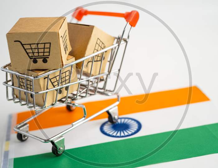 Box With Shopping Cart Logo And India Flag, Import Export Shopping Online Or Ecommerce Finance Delivery Service Store Product Shipping, Trade, Supplier Concept.