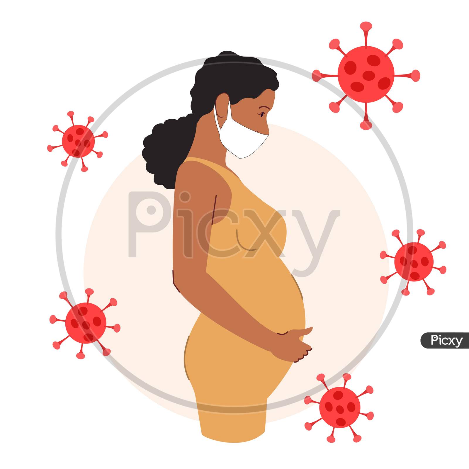 A Pregnant Woman Wearing a Mask with a Corona Background
