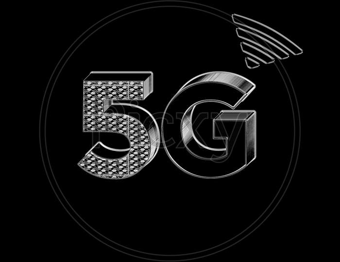 Illustration Of A Black And White Color 5G Network Icon, In A Black Background