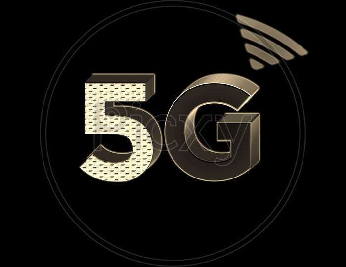 Illustration Of A Golden Color 5G Network Icon,  On A Black Background