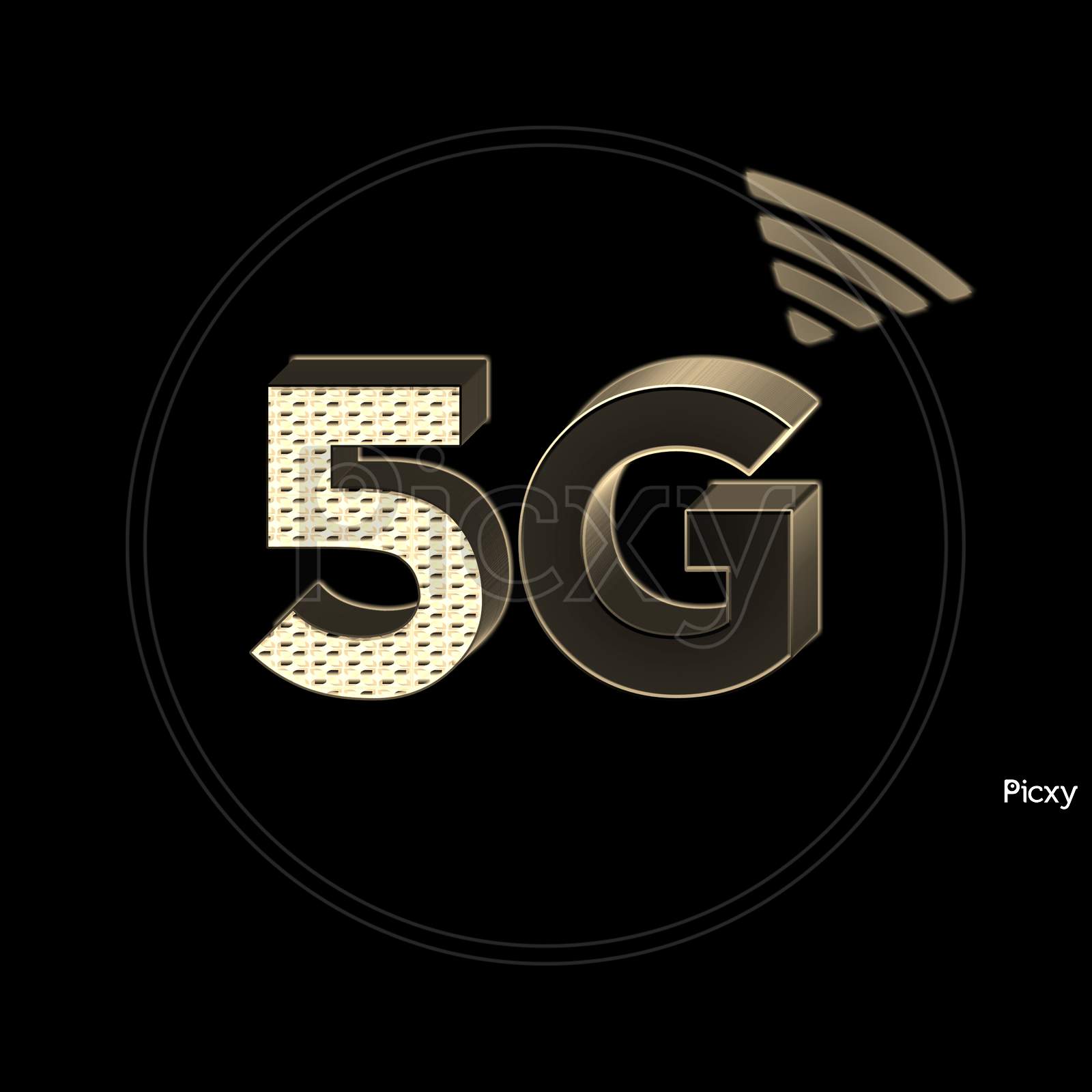 Illustration Of A Golden Color 5G Network Icon,  On A Black Background