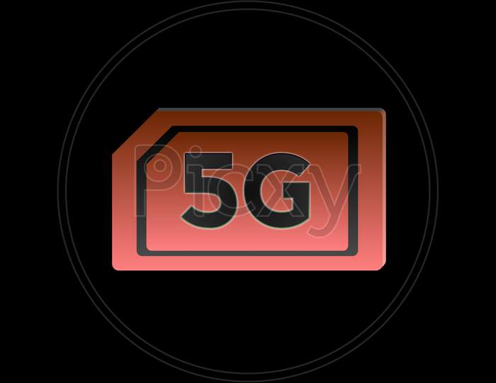 Illustration Of A Red Color 5G Sim Card, Isolated On A Black Background