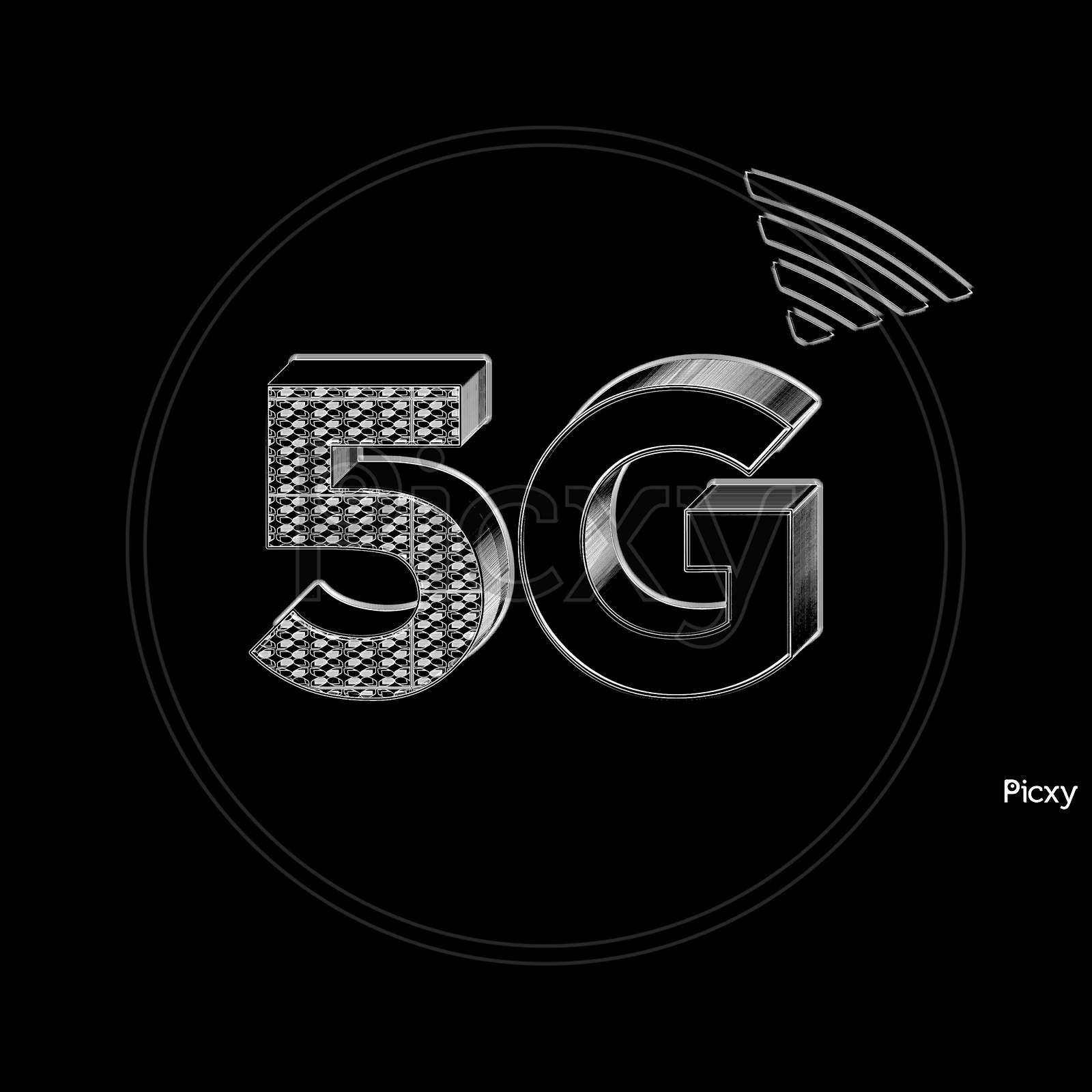 Illustration Of A Black And White Color 5G Network Icon, In A Black Background