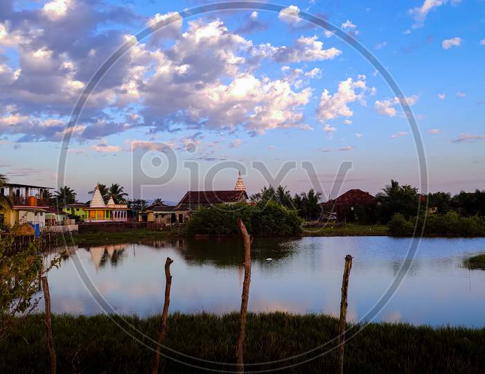 Beautiful Scenery of the village with cloudy blue sky
