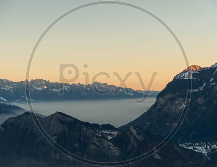 Landquart, Switzerland, December 19, 2021 View Over The Foggy Rhine Valley