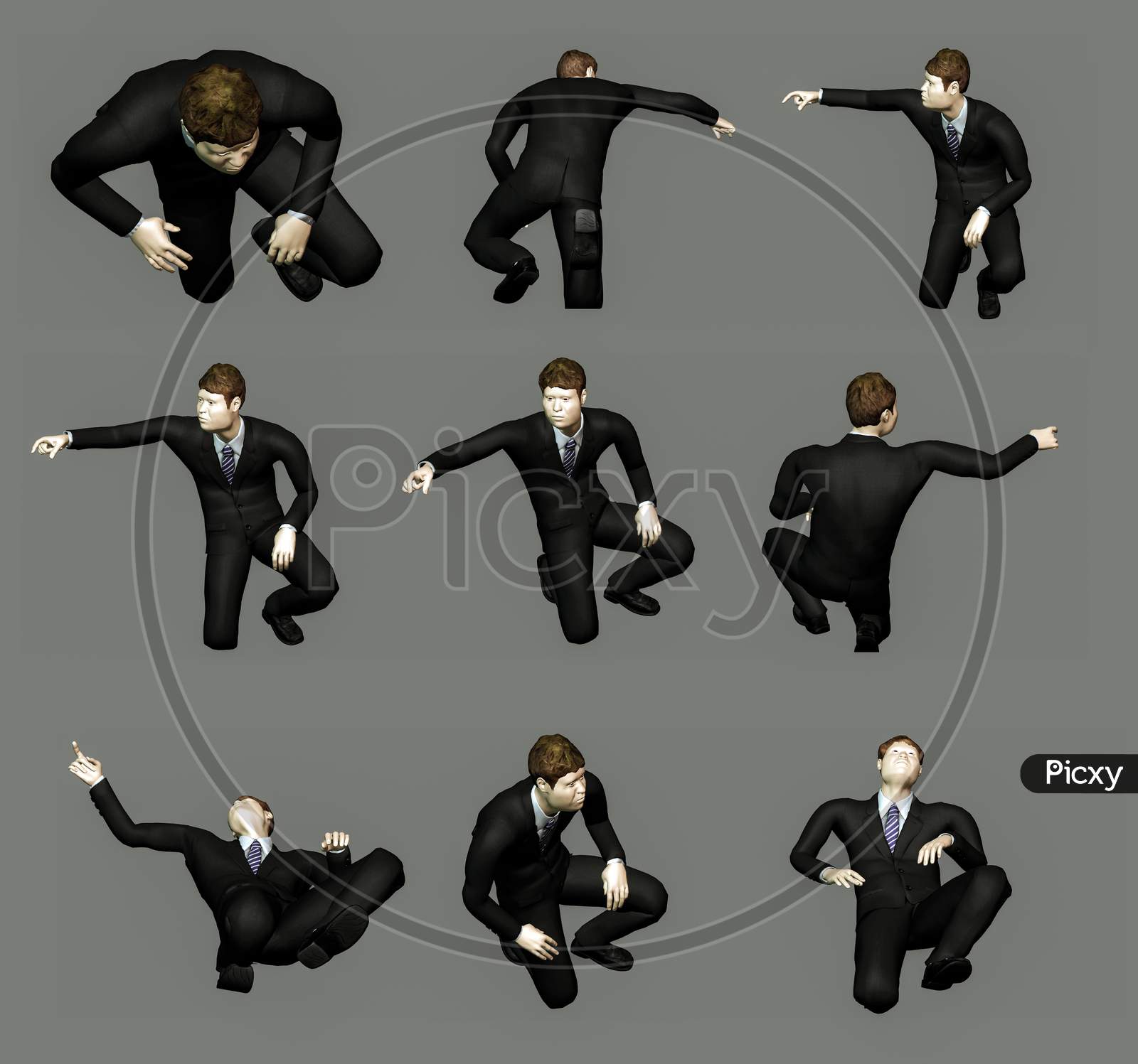 3D Model Set Sitting Business Man From Different Angles For Vfx, Animation Movie And Video Game Projects