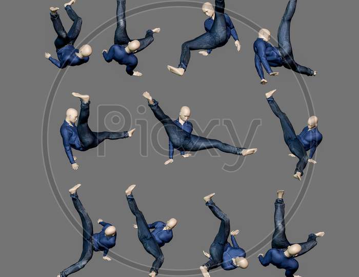 3D Set Of Falling Man From Different Angles And Poses For Vfx, Animation Movie Production And Video Game Projects
