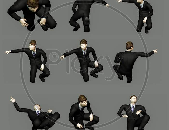 3D Model Set Sitting Business Man From Different Angles For Vfx, Animation Movie And Video Game Projects