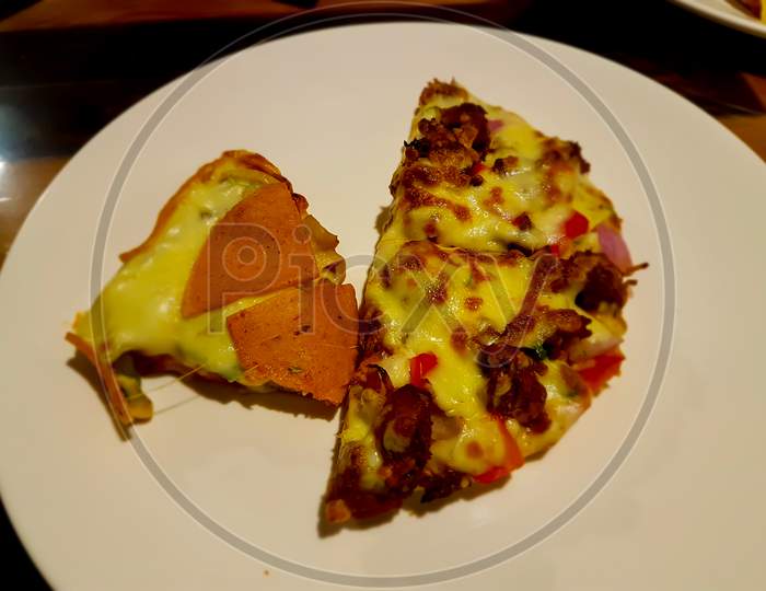 Close Up Photo Of Pizza. Top View Of Hot Pizza With Chili Pepper, Tomatoes And Cheese