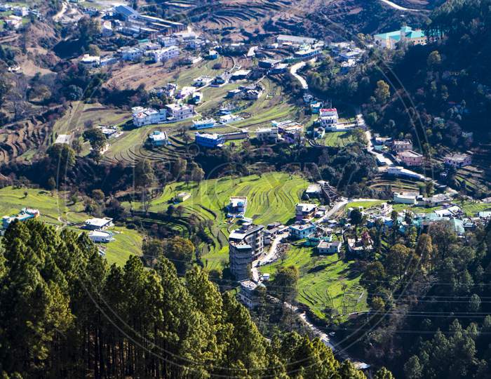 Aerial View Of The City Of Pithoragarh, Situated In The Mountains Of Uttarakhand.
