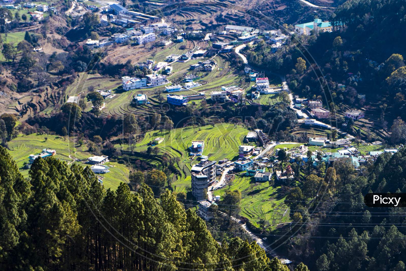 Aerial View Of The City Of Pithoragarh, Situated In The Mountains Of Uttarakhand.